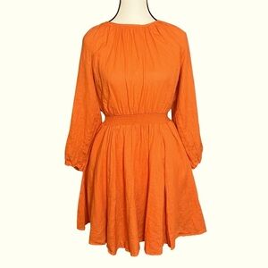 J Crew Palermo Smocked Waist Mini Dress 100% Linen 3/4 Sleeve Orange Size XS